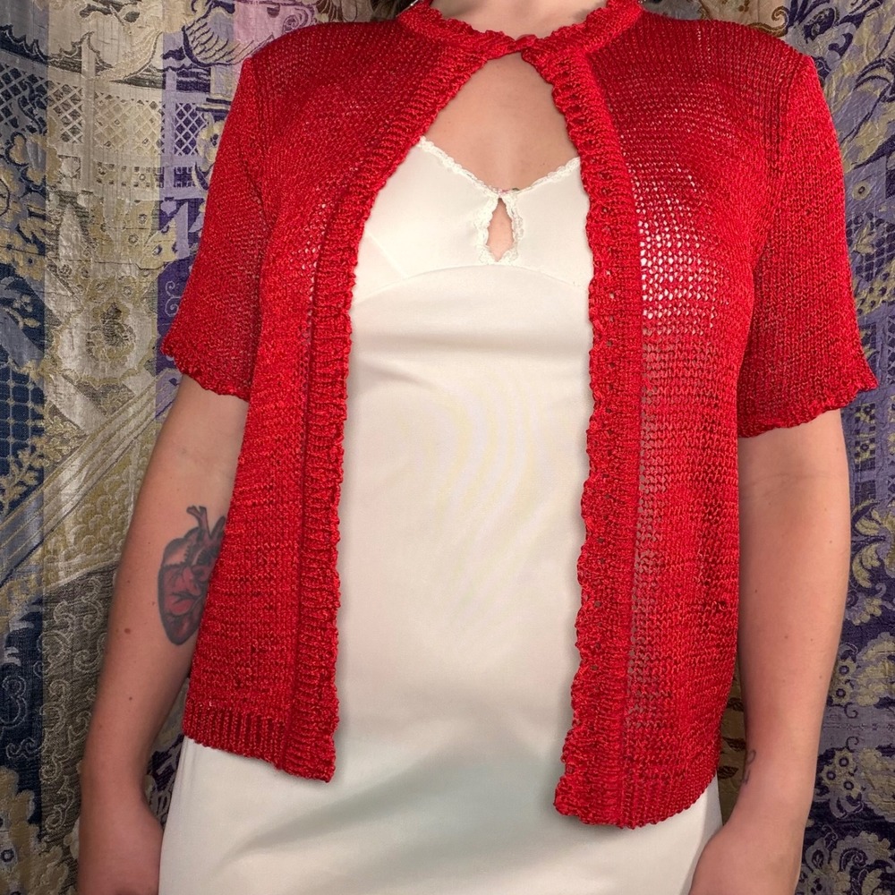 Vintage 90s Cutesy Red Semi Sheer Knit Short Sleeve Cardigan Sweater Size M